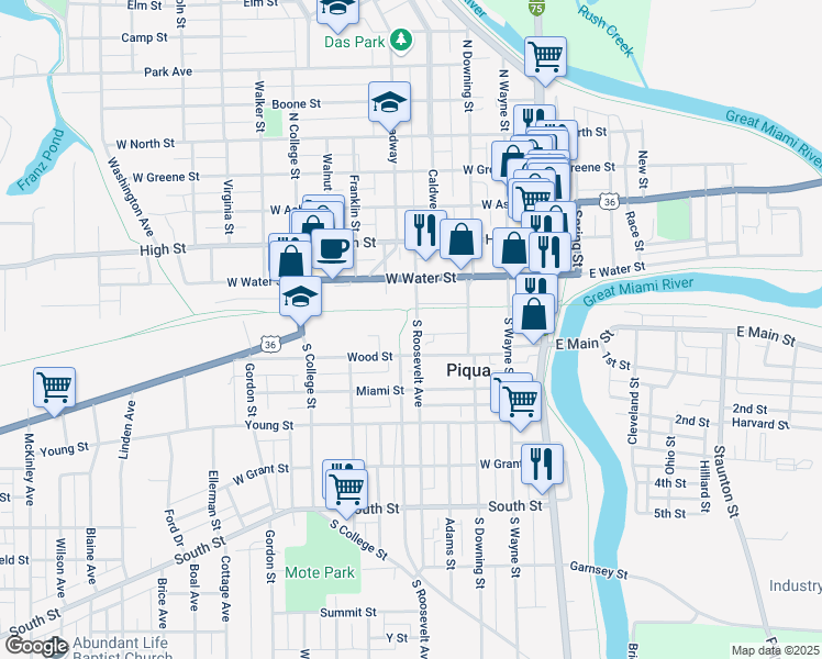 map of restaurants, bars, coffee shops, grocery stores, and more near 111 South Roosevelt Avenue in Piqua