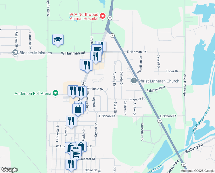map of restaurants, bars, coffee shops, grocery stores, and more near 2728 Seminole Ct in Anderson