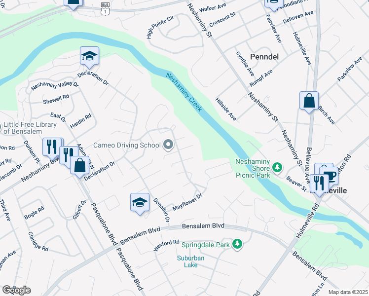 map of restaurants, bars, coffee shops, grocery stores, and more near 6541 Jefferson Ct in Bensalem