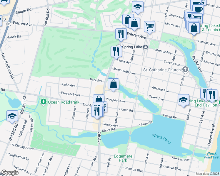 map of restaurants, bars, coffee shops, grocery stores, and more near 606 Lake Avenue in Spring Lake