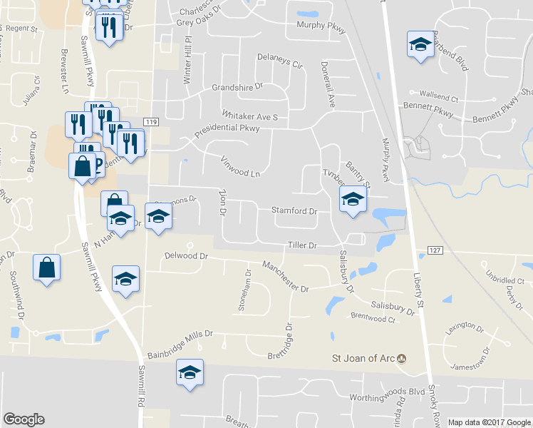 map of restaurants, bars, coffee shops, grocery stores, and more near 315 Stamford Drive in Powell