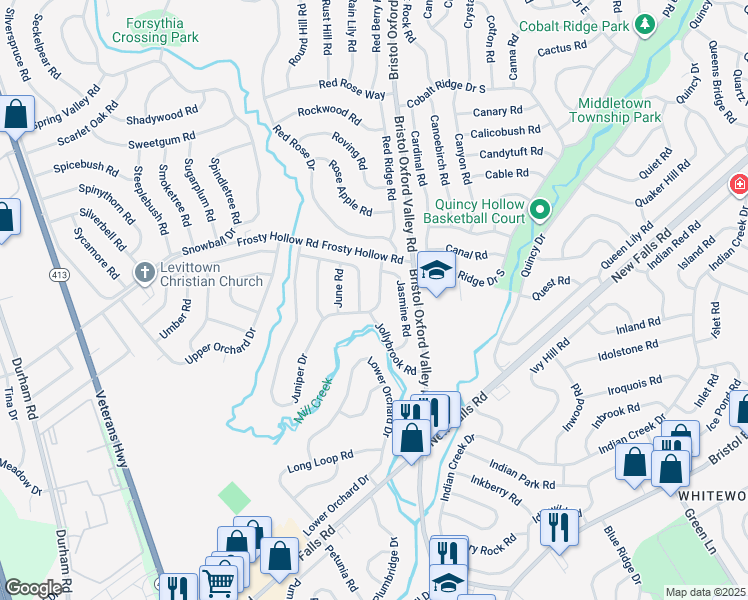 map of restaurants, bars, coffee shops, grocery stores, and more near 24 Juniper Drive in Levittown