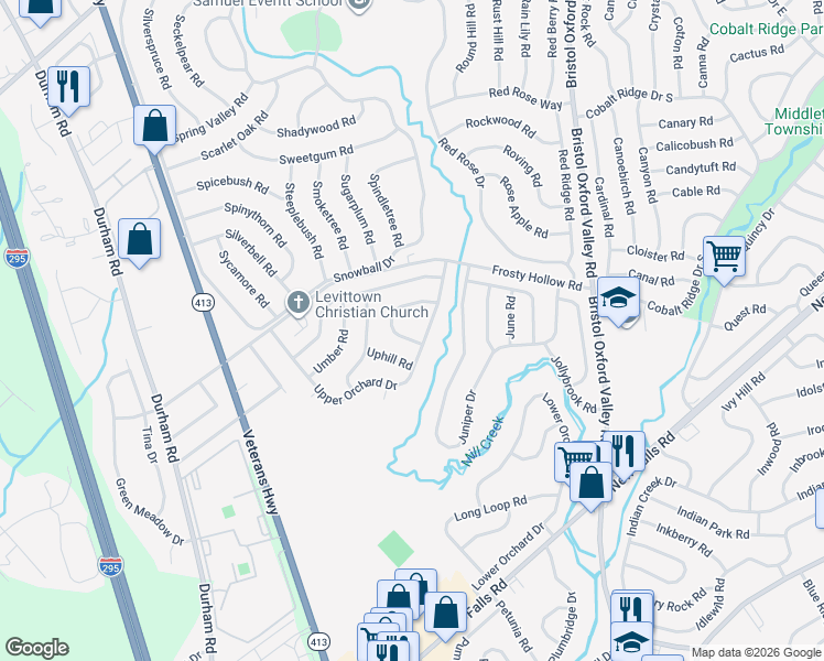 map of restaurants, bars, coffee shops, grocery stores, and more near 36 Upper Orchard Drive in Levittown