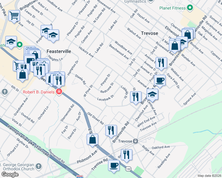 map of restaurants, bars, coffee shops, grocery stores, and more near 1315 Redcone Street in Feasterville-Trevose