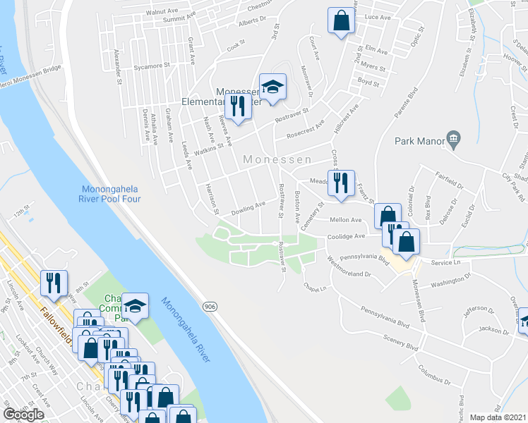 map of restaurants, bars, coffee shops, grocery stores, and more near 1504 Jones Street in Monessen
