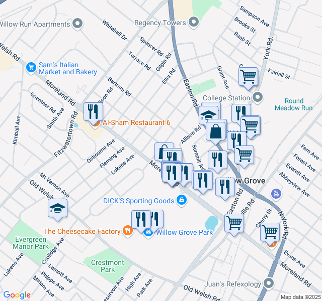 map of restaurants, bars, coffee shops, grocery stores, and more near 455 Vincent Road in Willow Grove