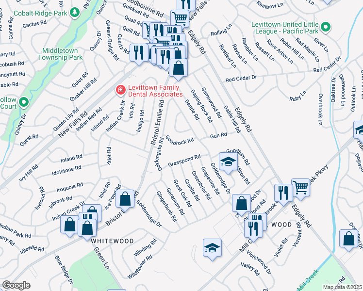 map of restaurants, bars, coffee shops, grocery stores, and more near 24 Goodrock Road in Levittown