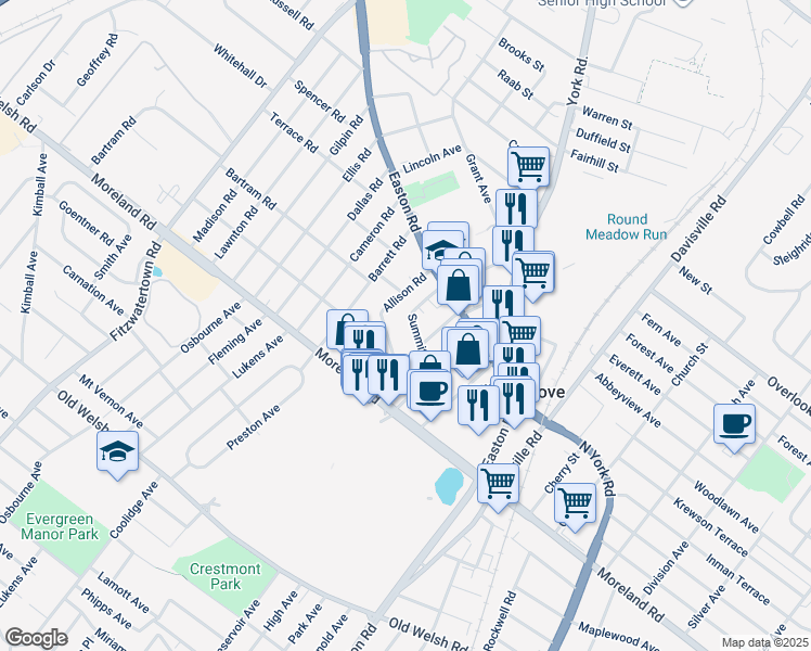 map of restaurants, bars, coffee shops, grocery stores, and more near 119 Summit Avenue in Willow Grove