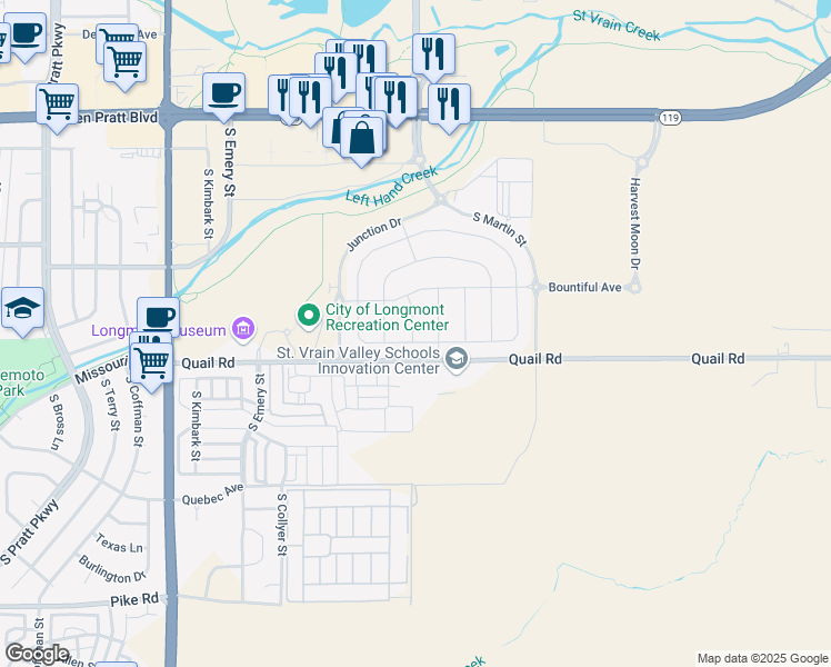 map of restaurants, bars, coffee shops, grocery stores, and more near 1021 Haystack Street in Longmont