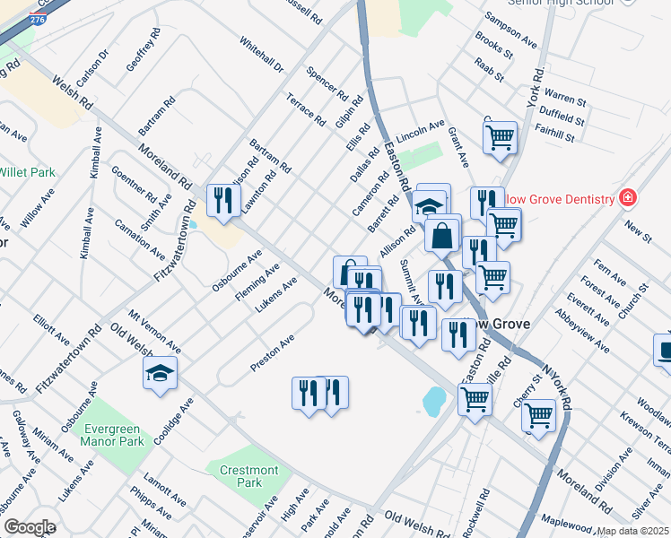 map of restaurants, bars, coffee shops, grocery stores, and more near 12 Barrett Road in Willow Grove