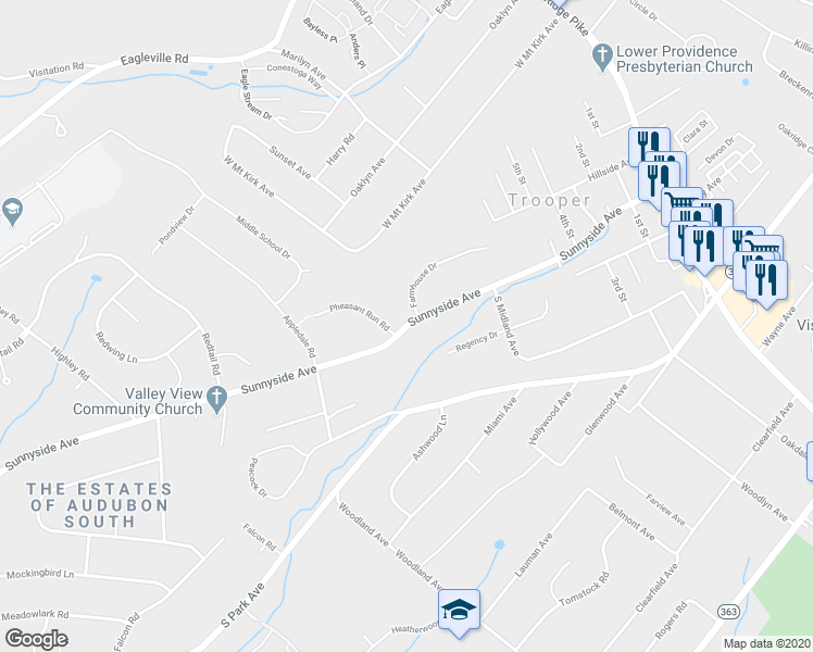 map of restaurants, bars, coffee shops, grocery stores, and more near 695 Sunnyside Avenue in Trooper
