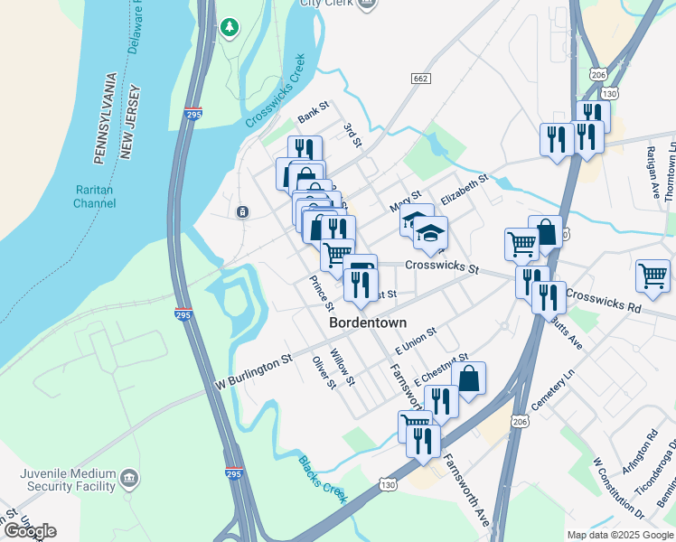 map of restaurants, bars, coffee shops, grocery stores, and more near in Bordentown