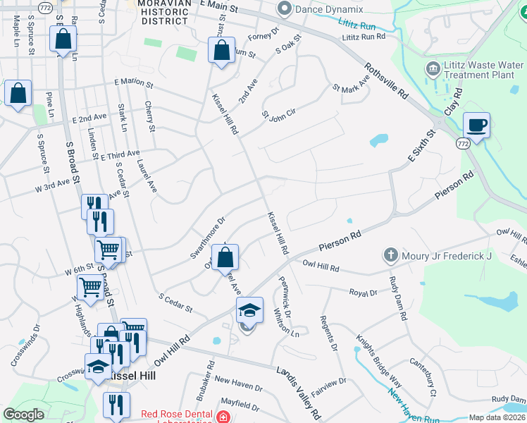 map of restaurants, bars, coffee shops, grocery stores, and more near 223 Oxford Drive in Lititz
