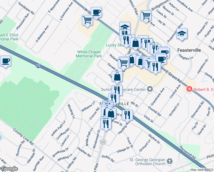map of restaurants, bars, coffee shops, grocery stores, and more near 110 Forge Lane in Feasterville-Trevose