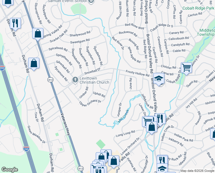 map of restaurants, bars, coffee shops, grocery stores, and more near 36 Upper Orchard Drive in Levittown