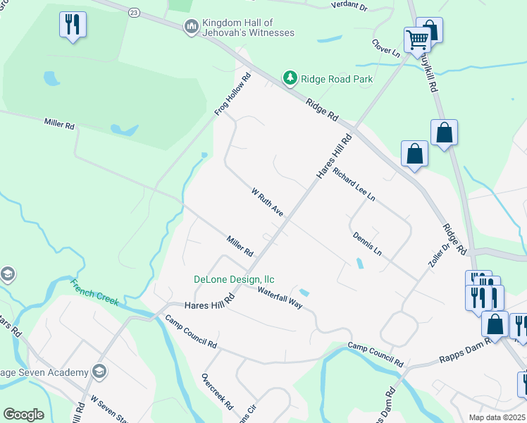 map of restaurants, bars, coffee shops, grocery stores, and more near 64 Ruth Avenue in Phoenixville