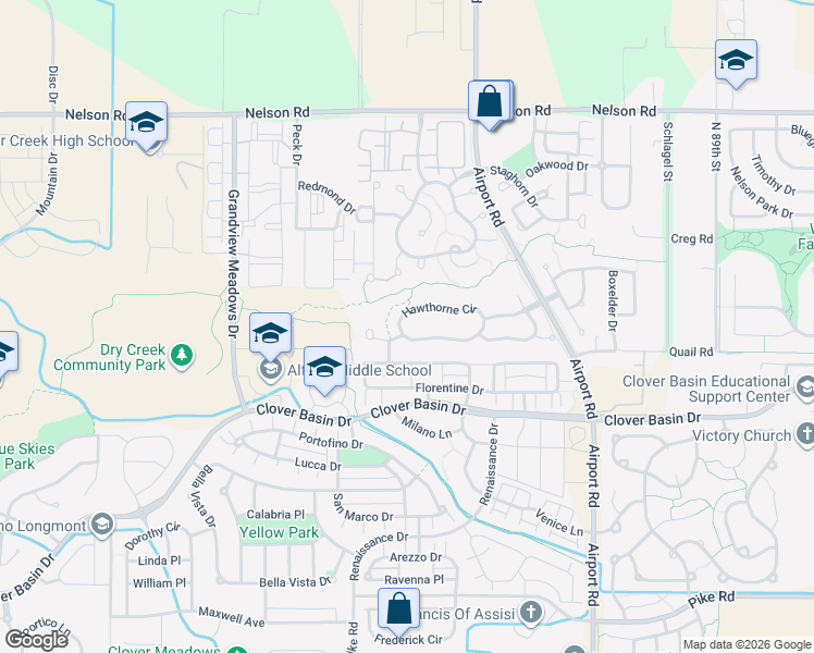 map of restaurants, bars, coffee shops, grocery stores, and more near 4006 Hawthorne Circle in Longmont