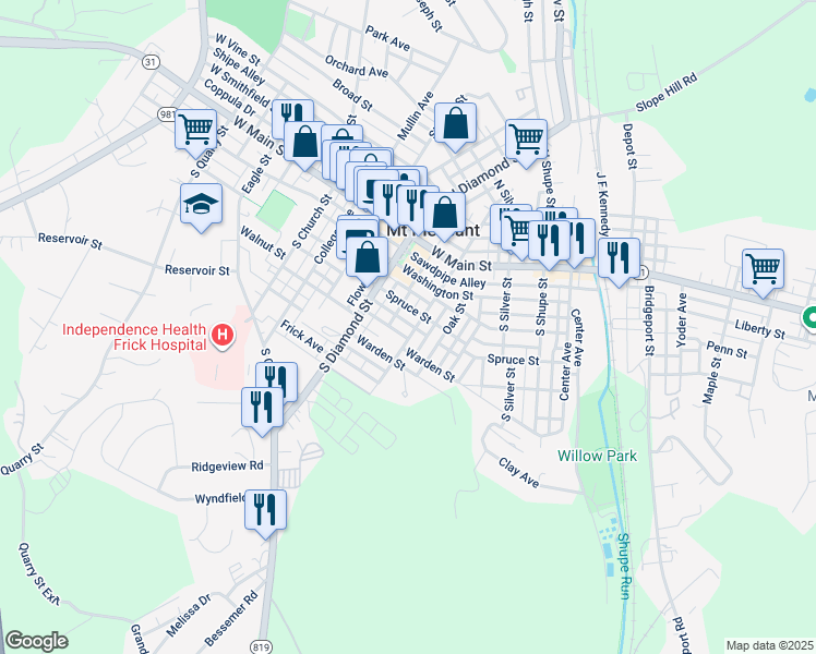 map of restaurants, bars, coffee shops, grocery stores, and more near 212 South Hitchman Street in Mount Pleasant