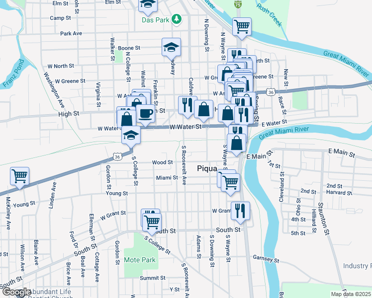 map of restaurants, bars, coffee shops, grocery stores, and more near 111 South Roosevelt Avenue in Piqua