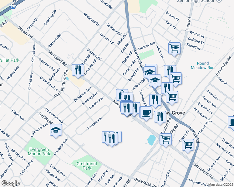 map of restaurants, bars, coffee shops, grocery stores, and more near 12 Barrett Road in Willow Grove