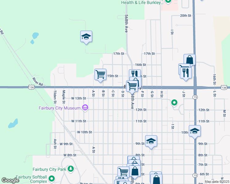 map of restaurants, bars, coffee shops, grocery stores, and more near 1318 C Street in Fairbury