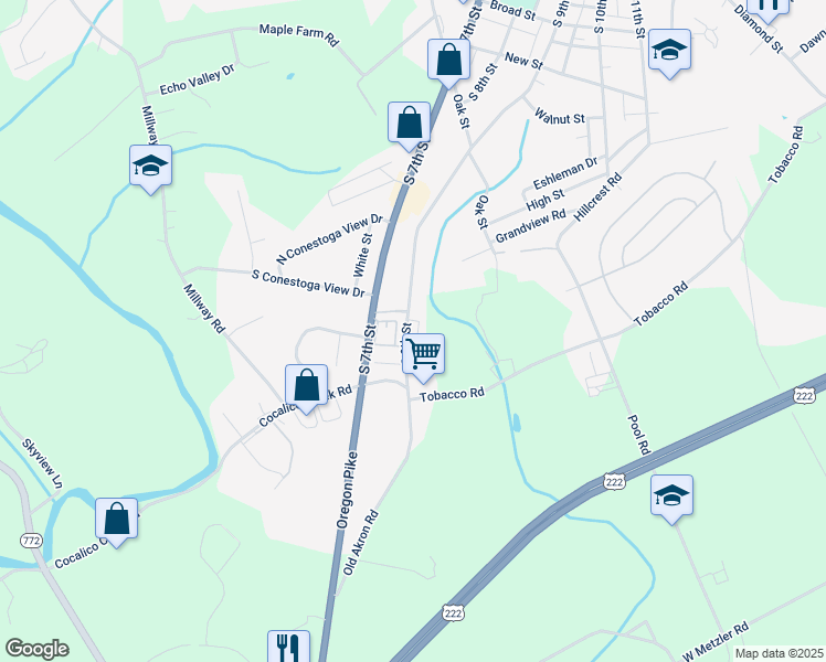 map of restaurants, bars, coffee shops, grocery stores, and more near 495 South 9th Street in Akron