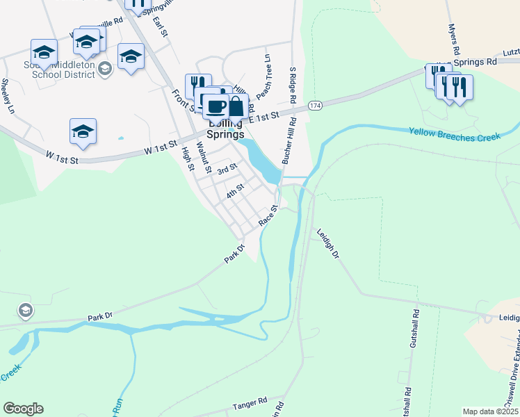 map of restaurants, bars, coffee shops, grocery stores, and more near 418 Kauffman Street in Boiling Springs