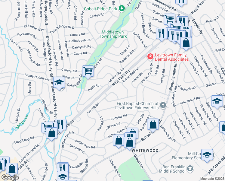 map of restaurants, bars, coffee shops, grocery stores, and more near 129 Ivy Hill Road in Levittown