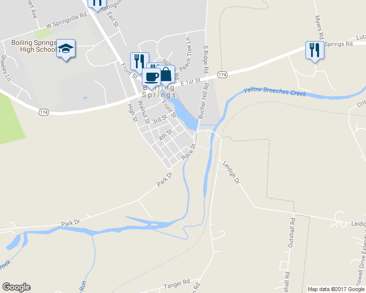 map of restaurants, bars, coffee shops, grocery stores, and more near 418 Kauffman Street in Boiling Springs