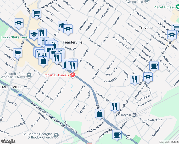 map of restaurants, bars, coffee shops, grocery stores, and more near 400 East Street Road in Feasterville-Trevose