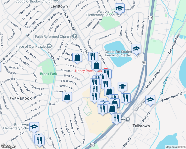 map of restaurants, bars, coffee shops, grocery stores, and more near 26 Stonybrook Drive in Levittown