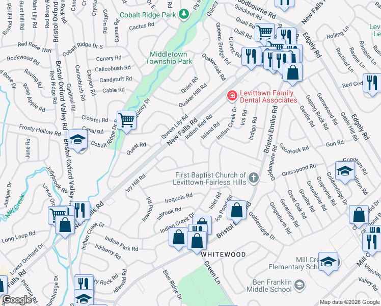 map of restaurants, bars, coffee shops, grocery stores, and more near 11 Indian Red Road in Levittown