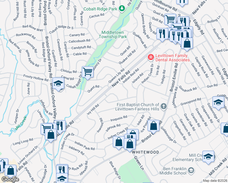map of restaurants, bars, coffee shops, grocery stores, and more near 129 Ivy Hill Road in Levittown