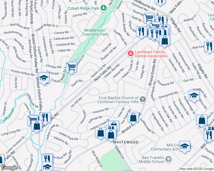 map of restaurants, bars, coffee shops, grocery stores, and more near 11 Indian Red Road in Levittown