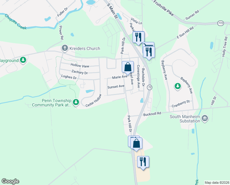 map of restaurants, bars, coffee shops, grocery stores, and more near 22 Hillcrest Drive in Manheim