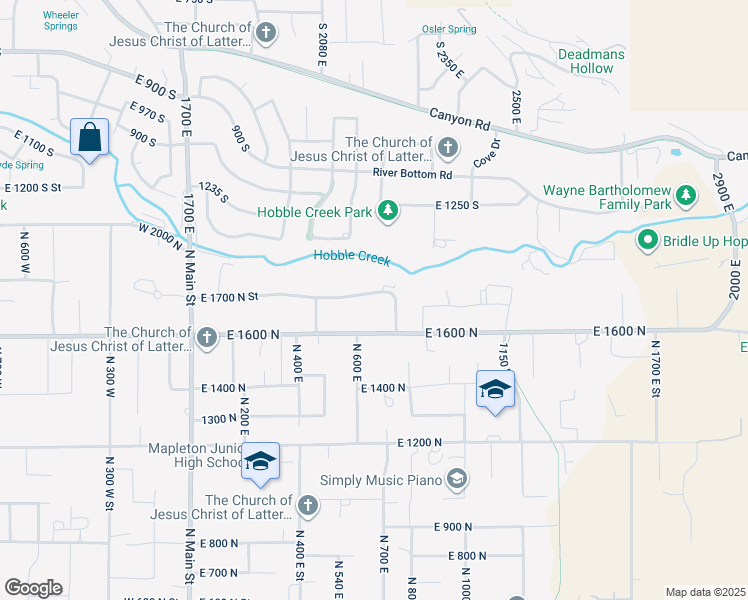 map of restaurants, bars, coffee shops, grocery stores, and more near 662 East 1700 North in Mapleton