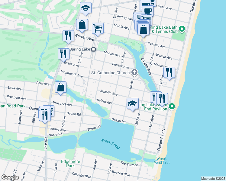 map of restaurants, bars, coffee shops, grocery stores, and more near 400 Atlantic Avenue in Spring Lake