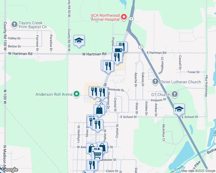 map of restaurants, bars, coffee shops, grocery stores, and more near 30 Seminole Drive in Anderson