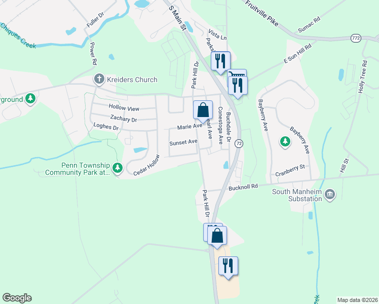 map of restaurants, bars, coffee shops, grocery stores, and more near 22 Hillcrest Drive in Manheim