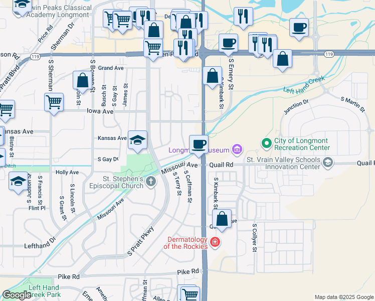 map of restaurants, bars, coffee shops, grocery stores, and more near 1054 South Coffman Street in Longmont