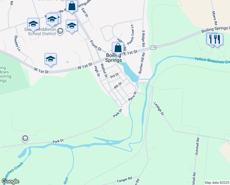 map of restaurants, bars, coffee shops, grocery stores, and more near 406 Walnut Street in Boiling Springs