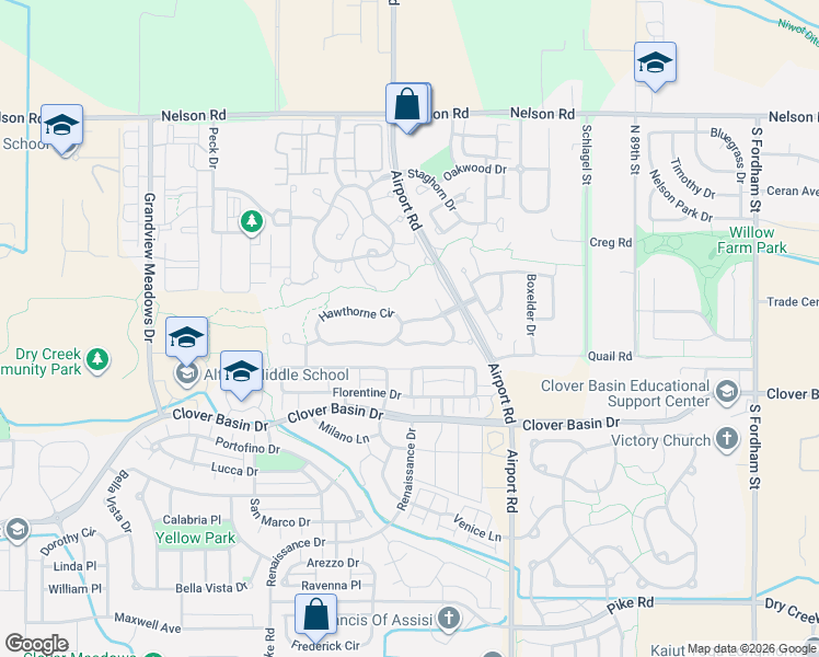 map of restaurants, bars, coffee shops, grocery stores, and more near 4078 Hawthorne Circle in Longmont