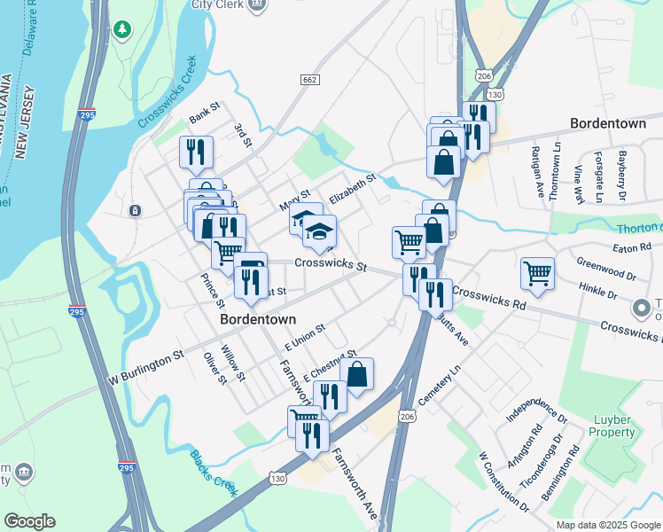 map of restaurants, bars, coffee shops, grocery stores, and more near 126 Crosswicks Street in Bordentown