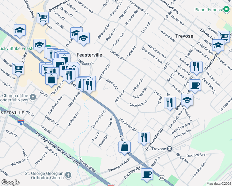 map of restaurants, bars, coffee shops, grocery stores, and more near 1207 West Pine Street in Feasterville-Trevose
