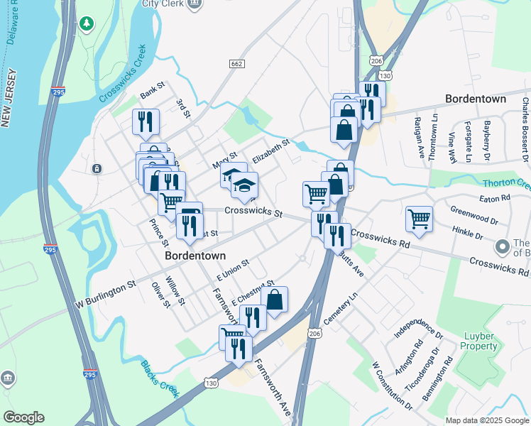 map of restaurants, bars, coffee shops, grocery stores, and more near 126 Crosswicks Street in Bordentown