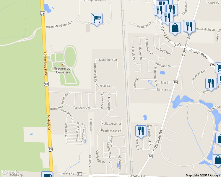 map of restaurants, bars, coffee shops, grocery stores, and more near 329 Dovetail Drive in Lewis Center