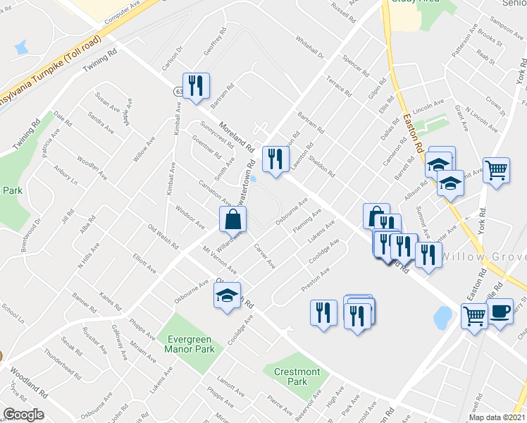 map of restaurants, bars, coffee shops, grocery stores, and more near 49 Twin Brooks Drive in Willow Grove