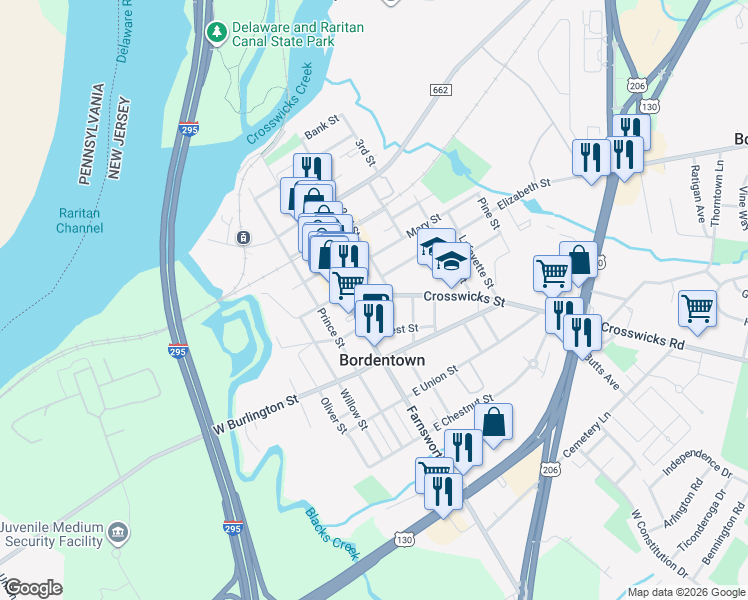 map of restaurants, bars, coffee shops, grocery stores, and more near 20 County Road 528 in Bordentown