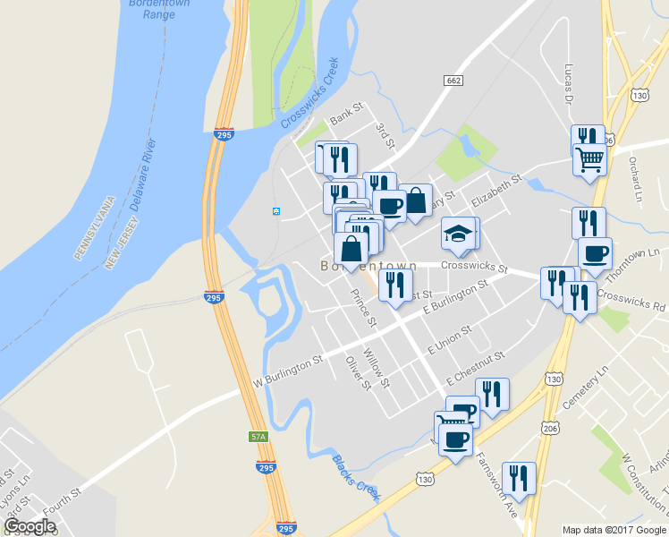 map of restaurants, bars, coffee shops, grocery stores, and more near 216 Prince Street in Bordentown