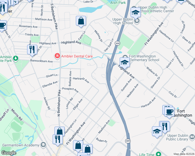 map of restaurants, bars, coffee shops, grocery stores, and more near 702 Spice Bush in Ambler